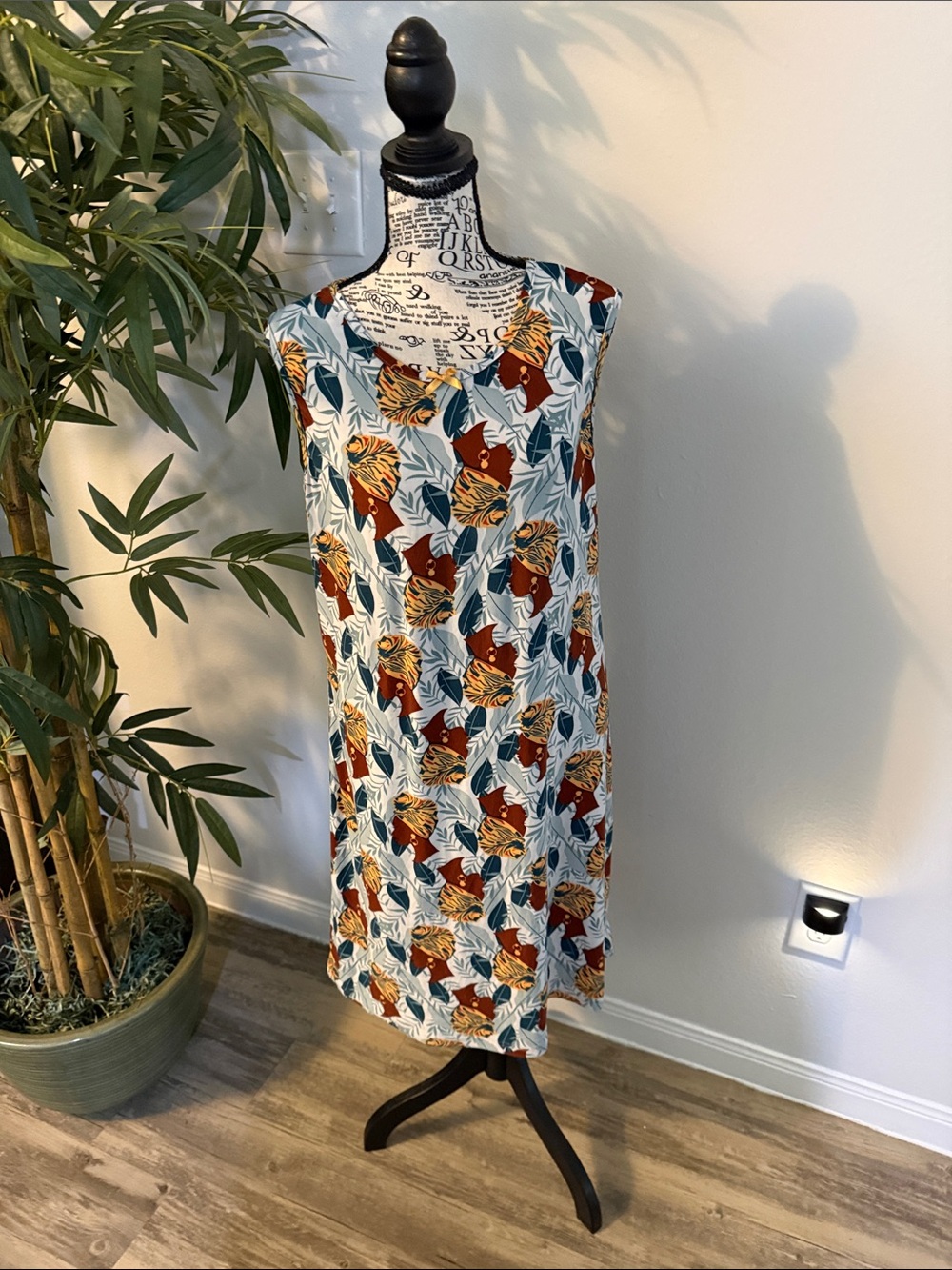 Sleeveless Midi Shift Dress in White with Rust & Teal Floral